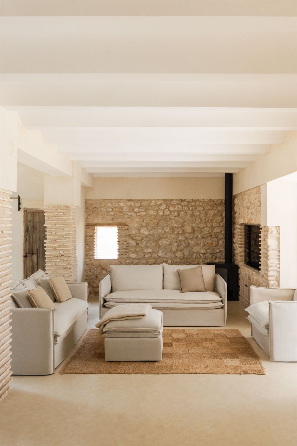 Conjunto de sala de estar com um sofá de 2 lugares, um sofá de 3 lugares, uma poltrona e um pufe em linho e algodão Grace, imagem de galeria 1