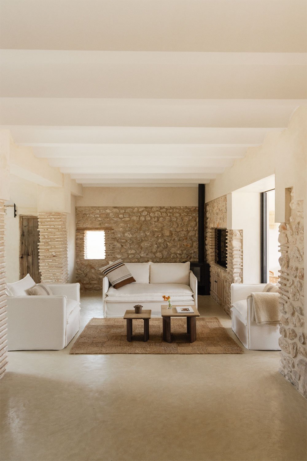 Conjunto de sala de estar com sofá de 2 lugares e 2 poltronas em linho e algodão Grace, imagem de galeria 1