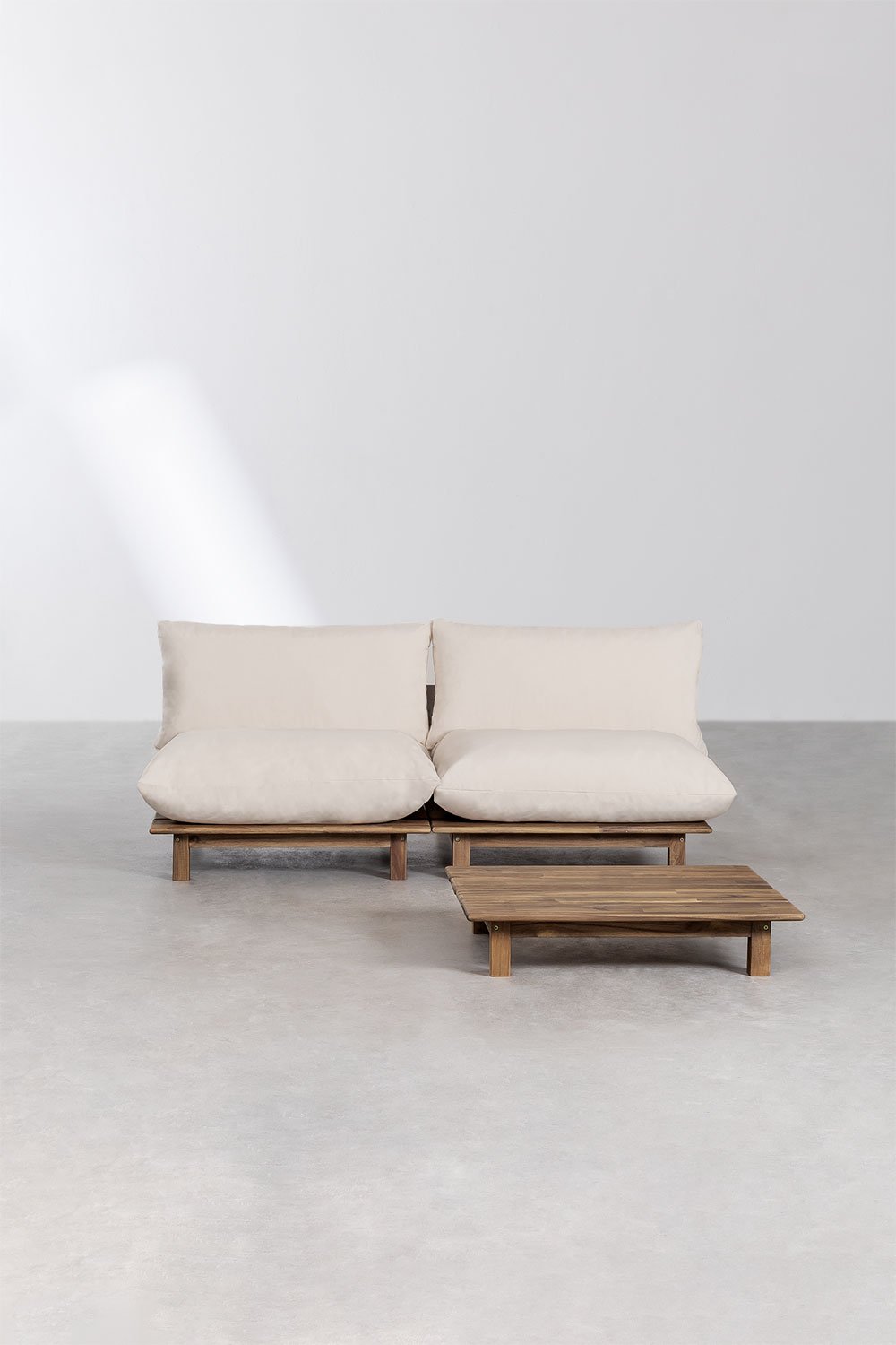 Conjunto de sala de estar com sofá reclinável modular de 2 peças e mesa de centro em madeira de acácia Brina, imagem de galeria 3