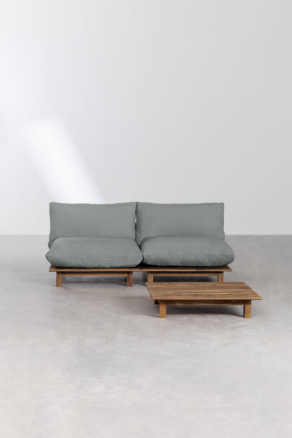 Conjunto de sala de estar com sofá reclinável modular de 2 peças e mesa de centro em madeira de acácia Brina, imagem de galeria 3