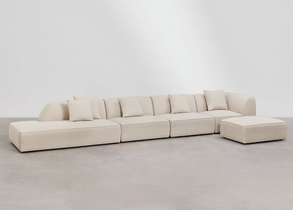 Sofá de canto modular Cardea de 4 peças com chaise à esquerda e pufe estofado - Chenille Beige Creme