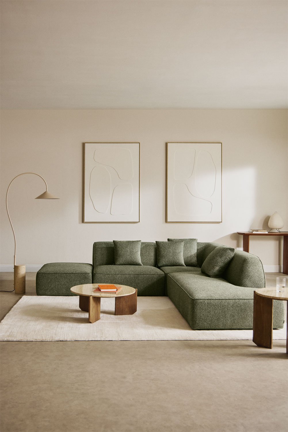 Sofá de canto modular Cardea de 3 peças com chaise longue direita e pufe estofado, imagem de galeria 1