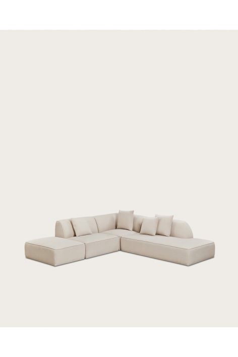 Sofá de canto modular Cardea de 3 peças com chaise longue direita e pufe estofado