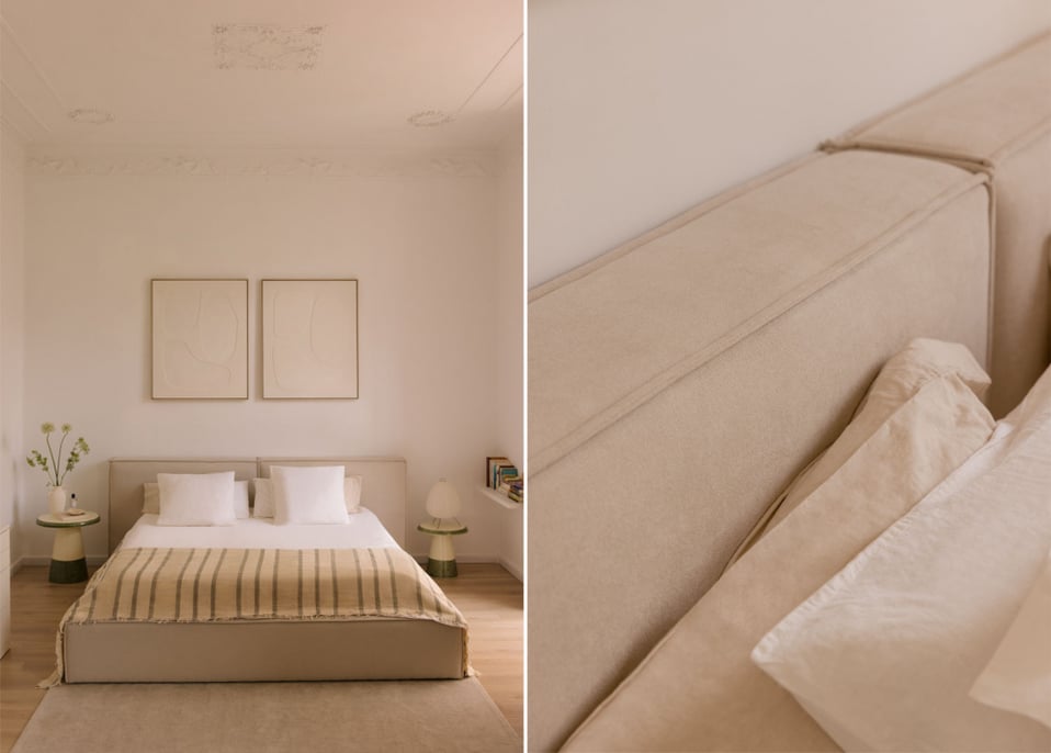 Cama com arrumação para colchão 160x200cm em tecido cinzento-areia Lunari