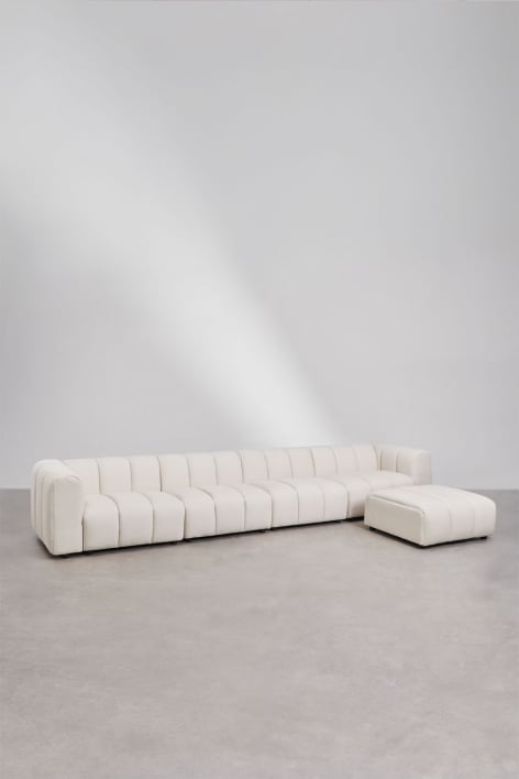 Sofá e pufe modular de 4 peças em tecido Eliot bouclé