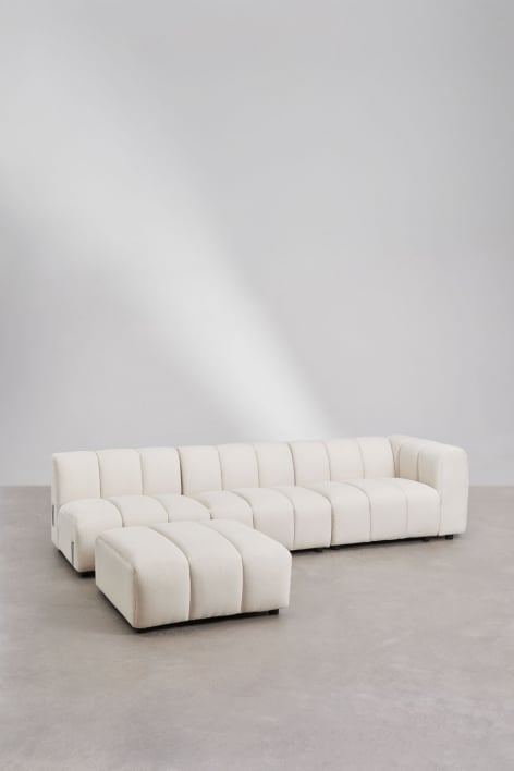 Sofá modular de canto direito de 3 peças Eliot e pufe em tecido bouclé