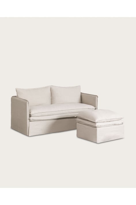 Conjunto de sala Grace em linho e algodão com sofá de 2 lugares e pufe