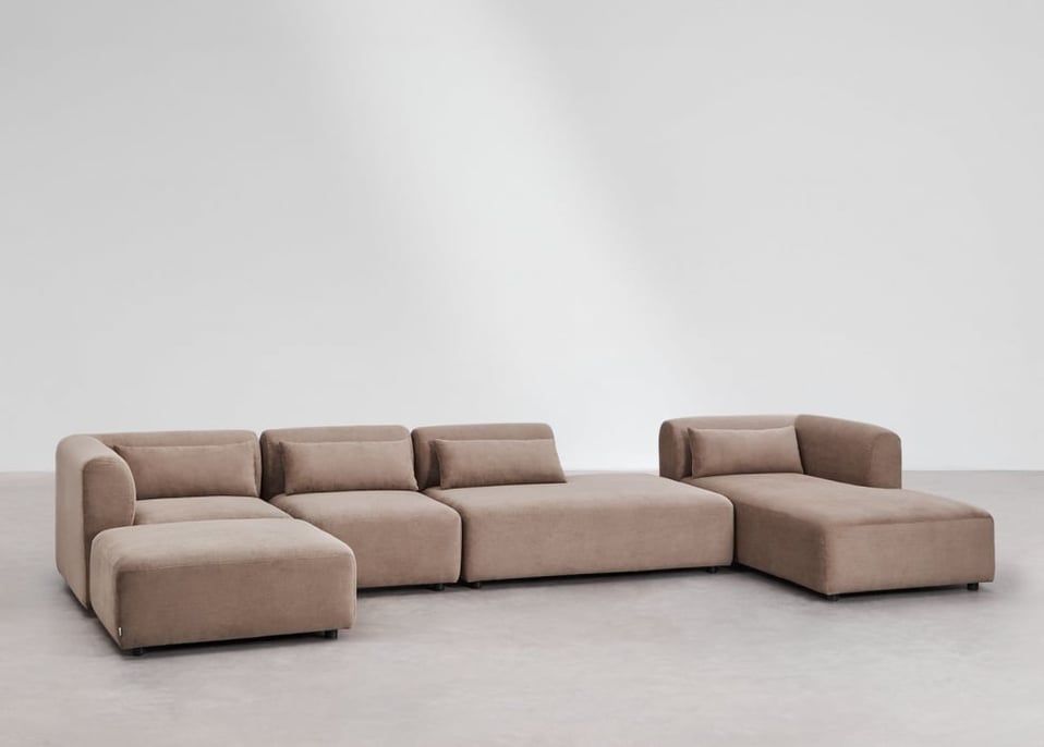 Sofá modular chaise longue direito de 4 peças com espreguiçadeira e pufe Fogler - Bombazina Camelo Castanho