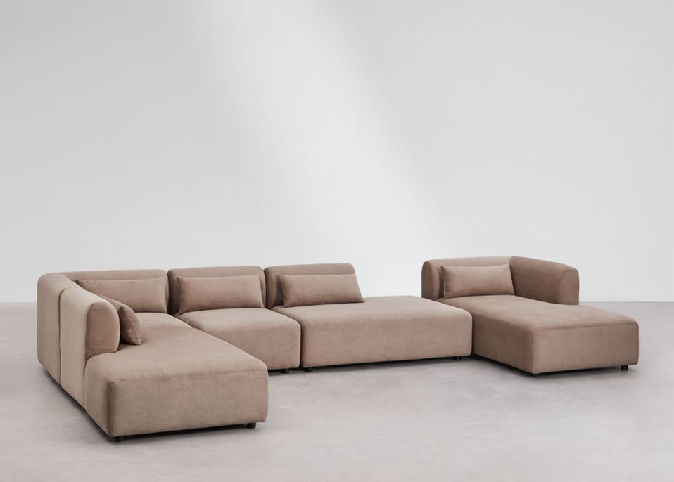 Sofá modular Fogler de 5 peças com chaise longue direita e chaise dupla - Bombazina Camelo Castanho