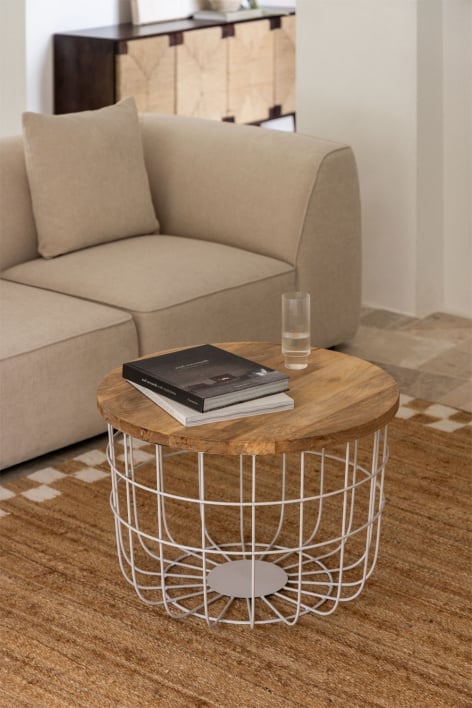 Mesa de centro redonda em madeira de mangueira e aço (Ø62 cm) Ket - Branco