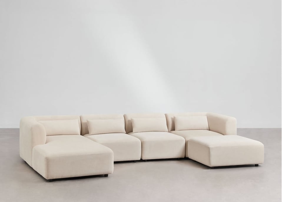 Sofá modular chaise longue esquerdo de 4 peças com puff Fogler - Bombazina Crema Linho