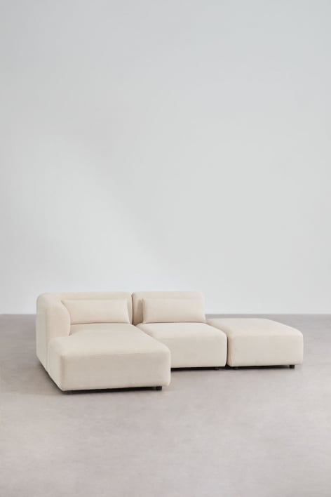 Sofá modular chaise longue esquerdo de 2 peças com pufe Fogler - Bombazina Crema Linho