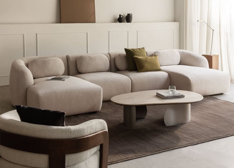 Sofá modular com chaise longue dupla de 4 peças em chenille Coquette