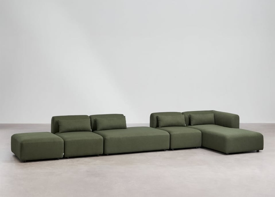Sofá modular chaise longue canto direito 4 peças com chaise e puff Fogler - Chenille Verde Sálvia