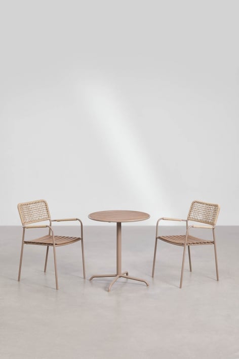 Conjunto de mesa de jardim redonda Ø65 cm e 2 cadeiras de jardim empilháveis em aço e madeira de acácia Tilda