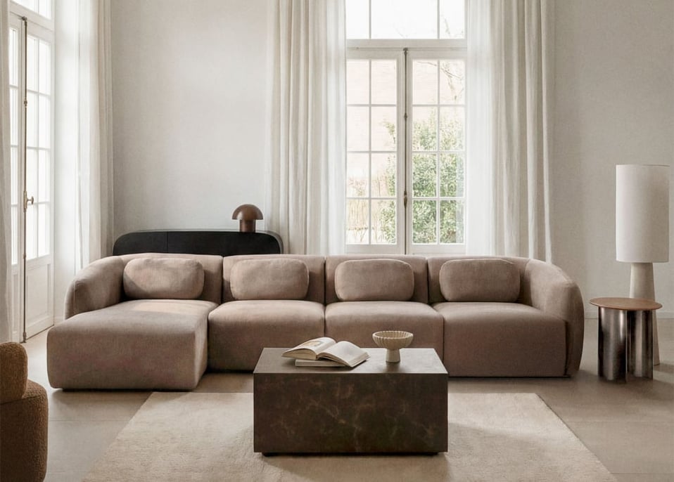 Sofá modular chaise longue esquerdo de 4 peças em chenille Coquette - Chenille Castanho Trigo