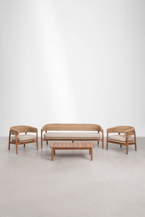 Conjunto de jardim com sofá de 3 lugares, 2 poltronas e mesa de centro em madeira de acácia Ribeira