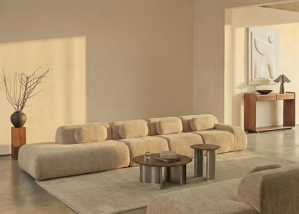 Sofá modular de canto em chenille de 4 peças com chaise longue à esquerda embalado a vácuo Mérida