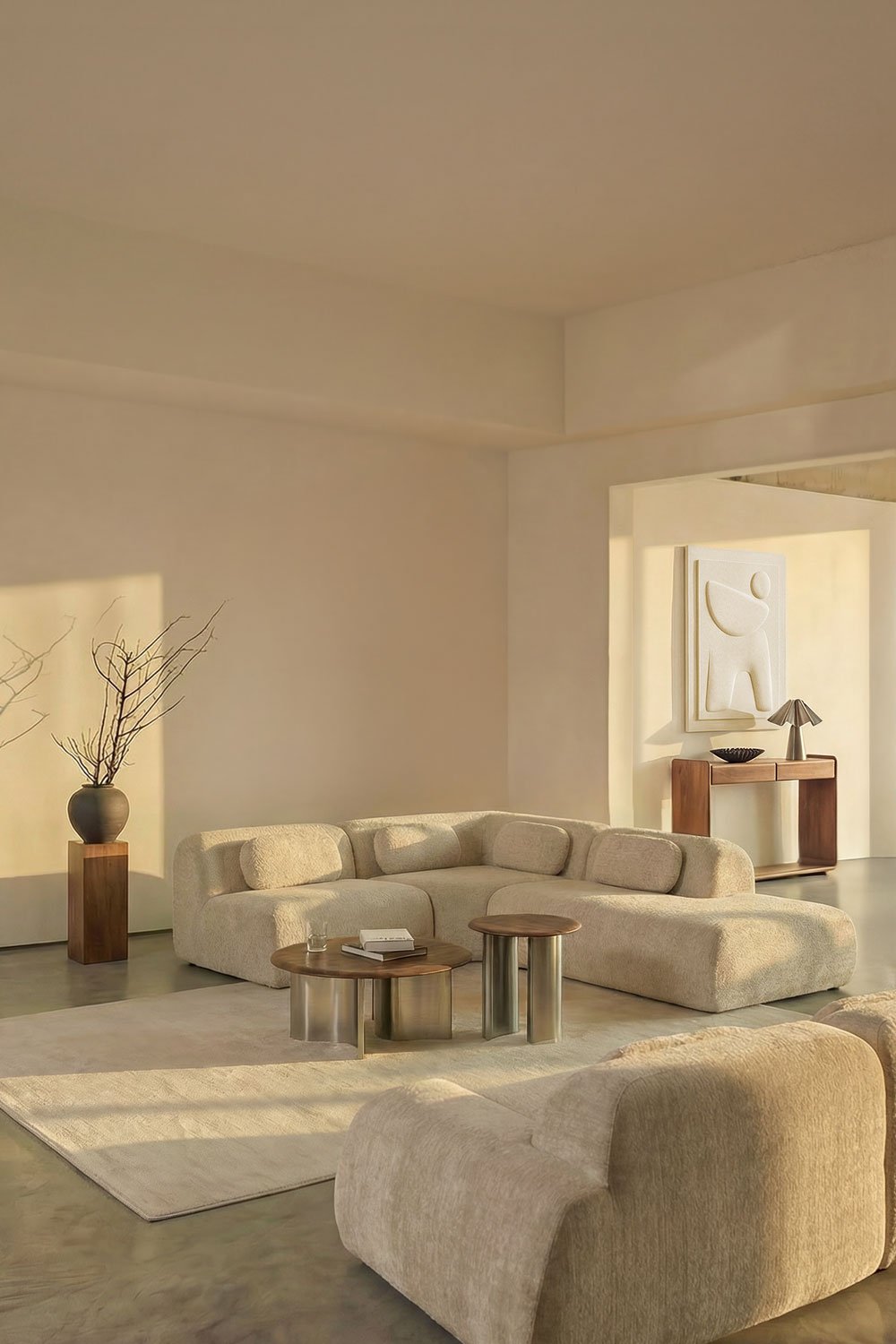 Sofá modular de canto em chenille de 3 peças com chaise longue direita embalado a vácuo Mérida, imagem de galeria 1