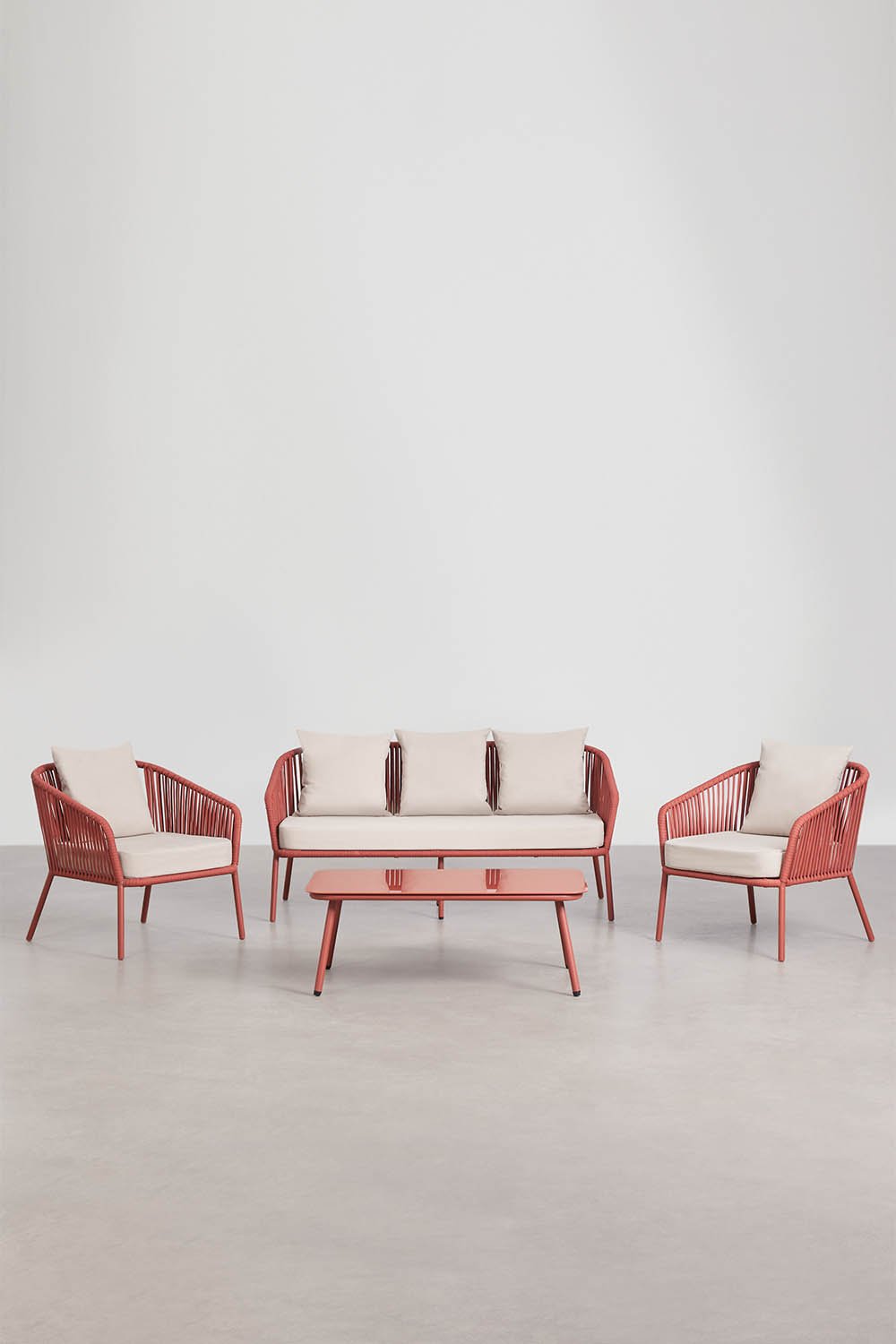 Conjunto de jardim com sofá de 2 lugares, 2 poltronas em corda trançada e mesa de centro Arhiza, imagem de galeria 2
