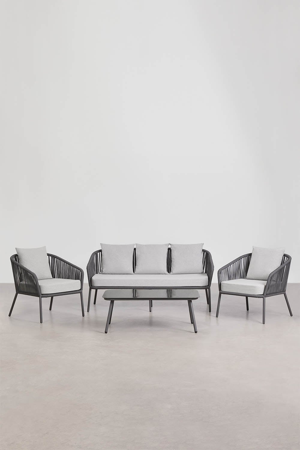 Conjunto de jardim com sofá de 2 lugares, 2 poltronas em corda trançada e mesa de centro Arhiza, imagem de galeria 2