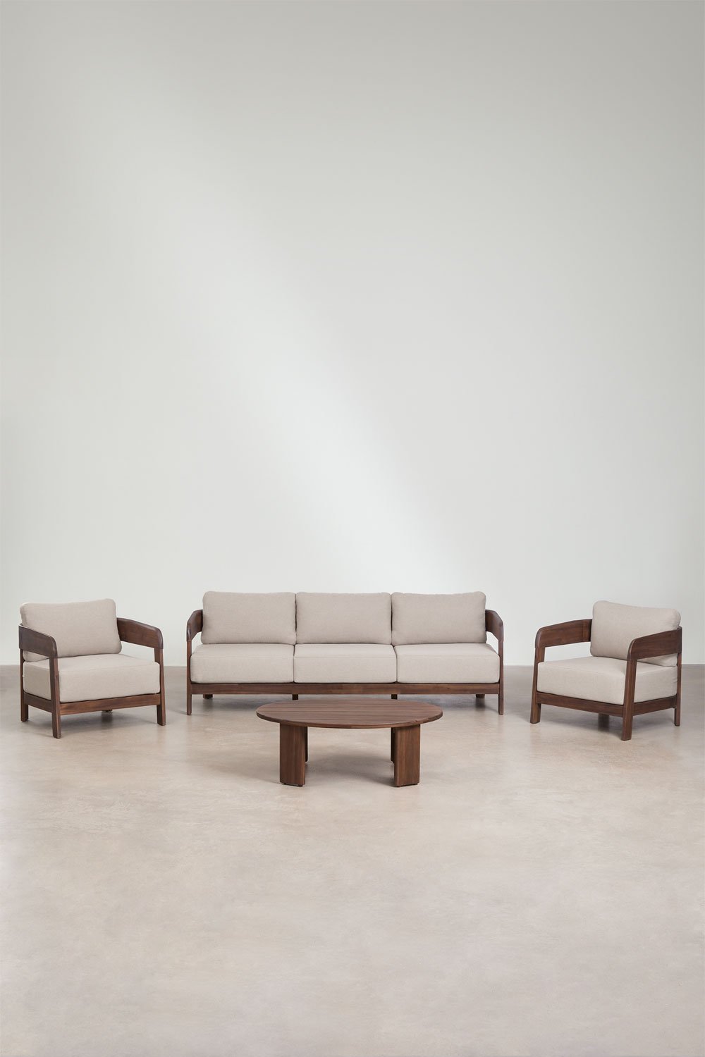 Conjunto de sala com sofá de 3 lugares, 2 poltronas e mesa de centro em madeira de acácia Uleno, imagem de galeria 1