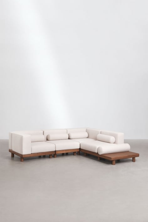 Sofá modular de canto para jardim de 4 peças com 2 módulos de canto e mesa lateral auxiliar em acácia Edrien