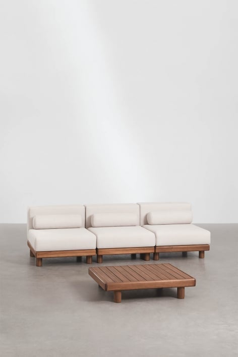 Conjunto de jardim com sofá modular de 3 peças e mesa de centro em acácia Edrien