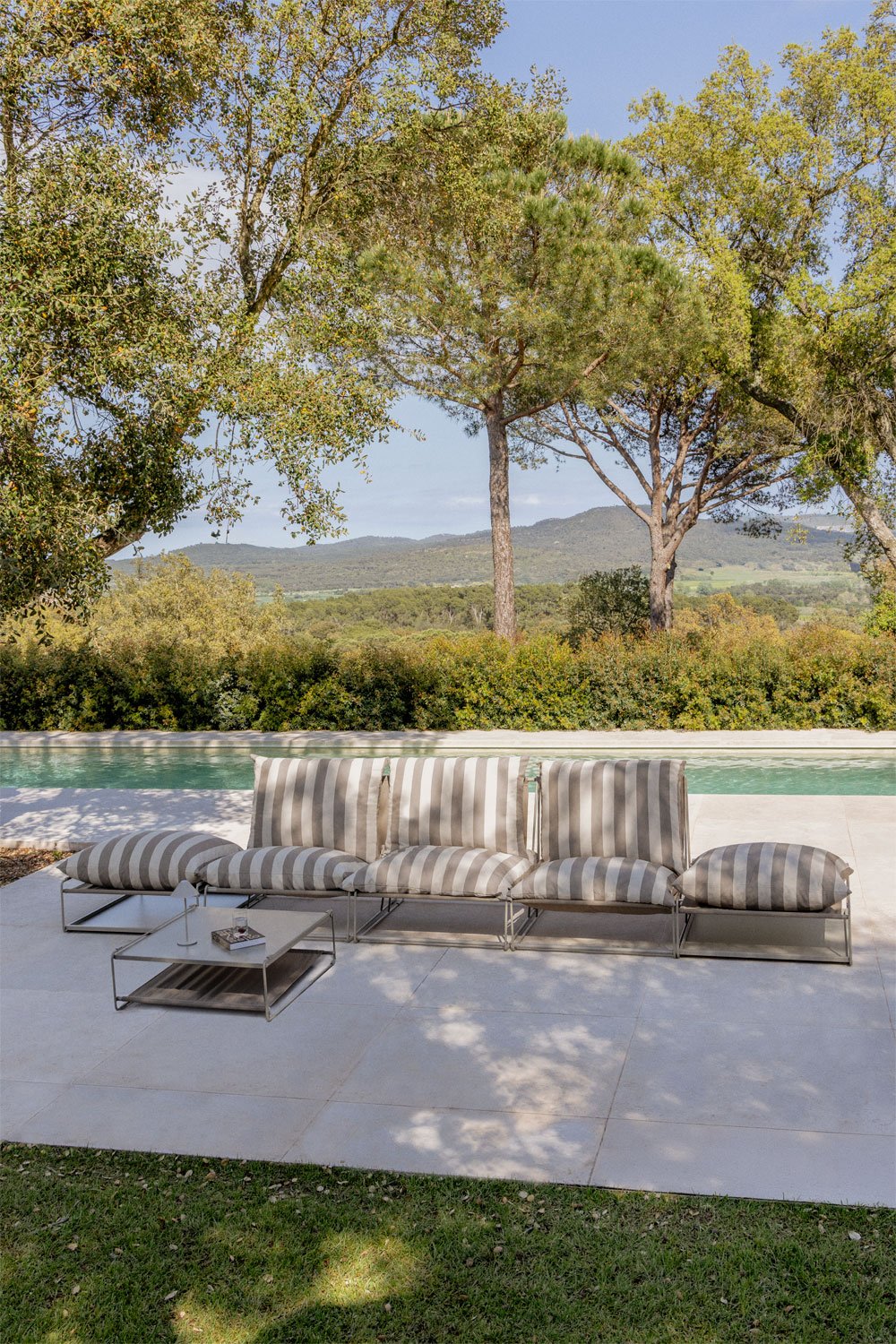 Conjunto de jardim com sofá modular de 3 peças, mesa auxiliar e 2 pufes conversíveis Amaro, imagem de galeria 12