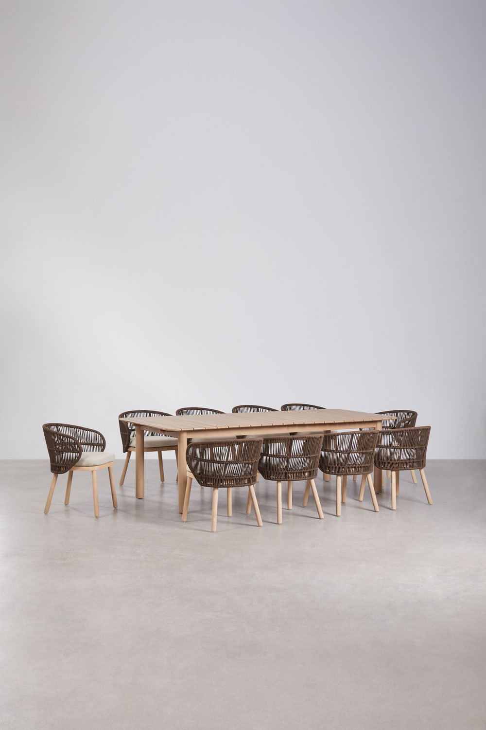 Conjunto de mesa retangular extensível Duala 250-310x105 cm e 10 cadeiras de jardim em madeira de acácia e corda trançada Capri, imagem de galeria 1