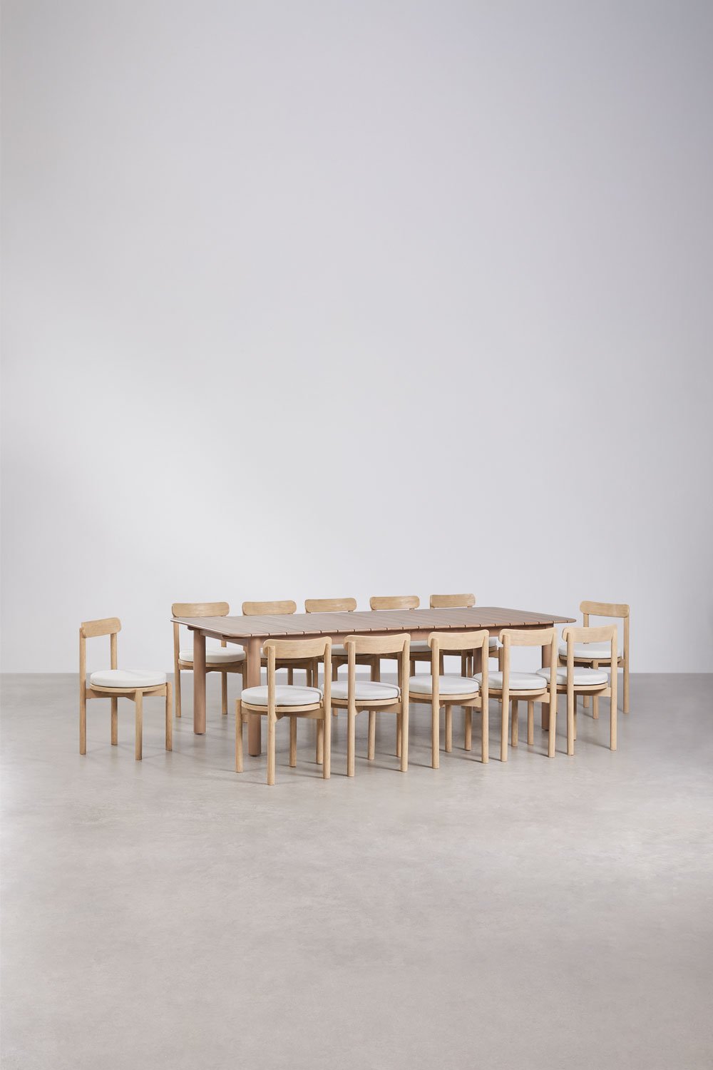 Conjunto de mesa retangular extensível Duala 250-310x105 cm e 12 cadeiras de jantar em madeira de acácia Nualis, imagem de galeria 1