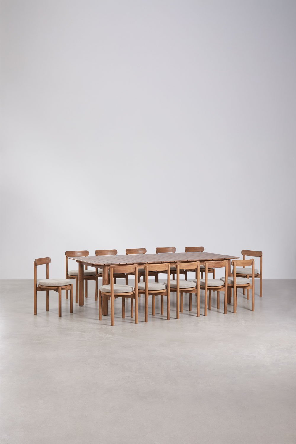 Conjunto de mesa retangular extensível Duala 250-310x105 cm e 12 cadeiras de jantar em madeira de acácia Nualis, imagem de galeria 1