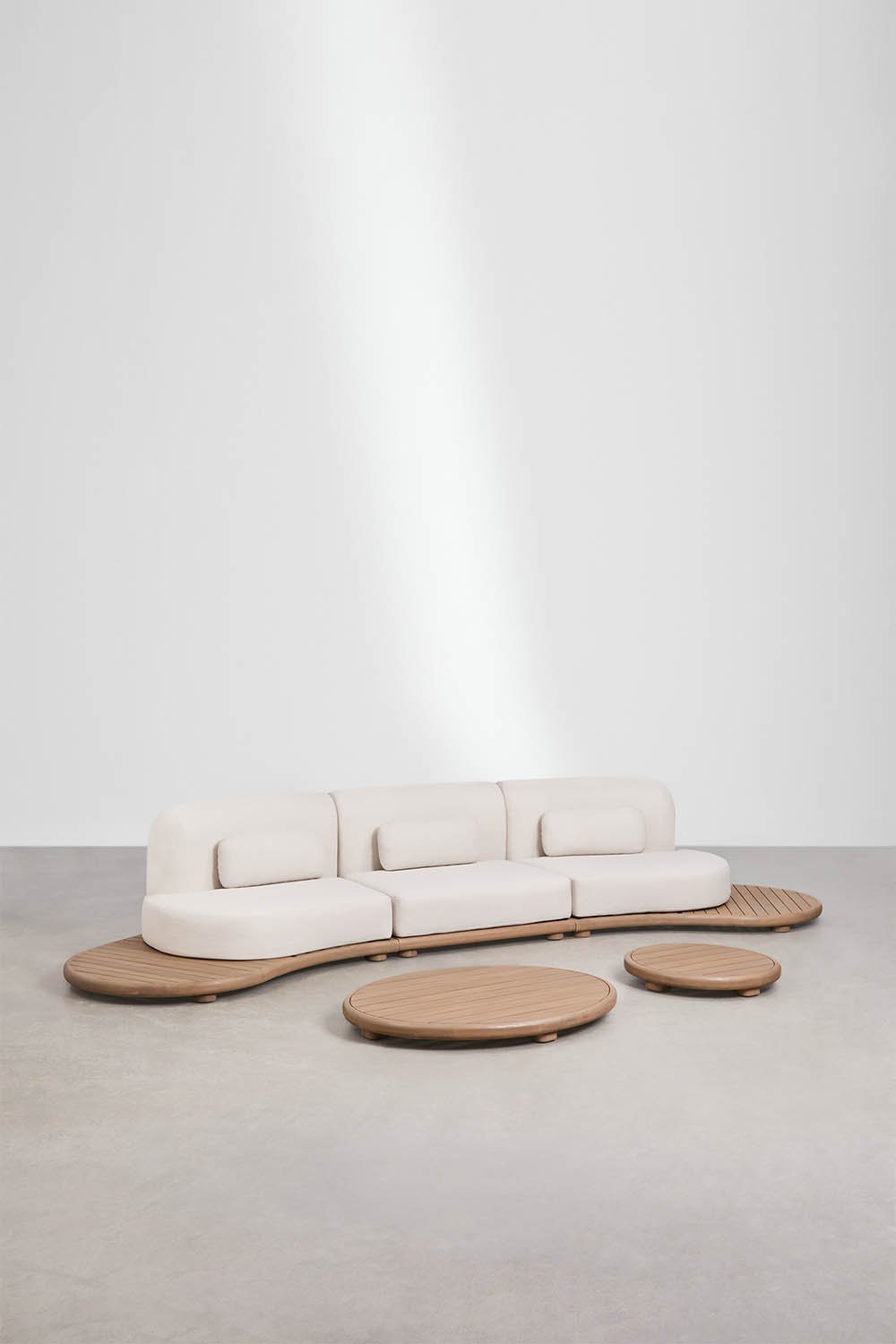 Conjunto de jardim com sofá modular reto de 3 peças e 2 mesas de centro em madeira de acácia Gerard, imagem de galeria 1