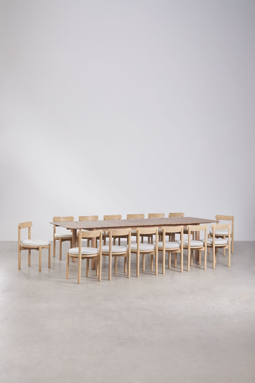 Conjunto de mesa retangular extensível Duala 250-310x105 cm e 14 cadeiras de jardim em madeira de acácia Nualis, imagem de galeria 1