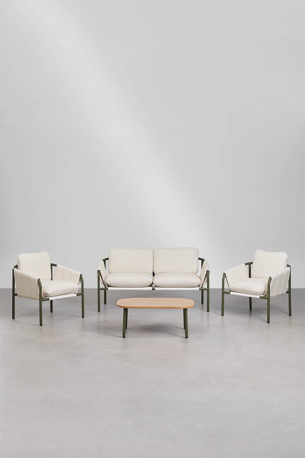 Conjunto de jardim com sofá de 2 lugares, 2 poltronas estofadas e mesa de centro em aço Zunika, imagem de galeria 3