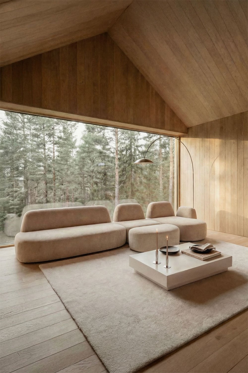 Sofá modular chaise longue direito de 3 peças com módulo de canto e puff estofado Giorgia, imagem de galeria 1