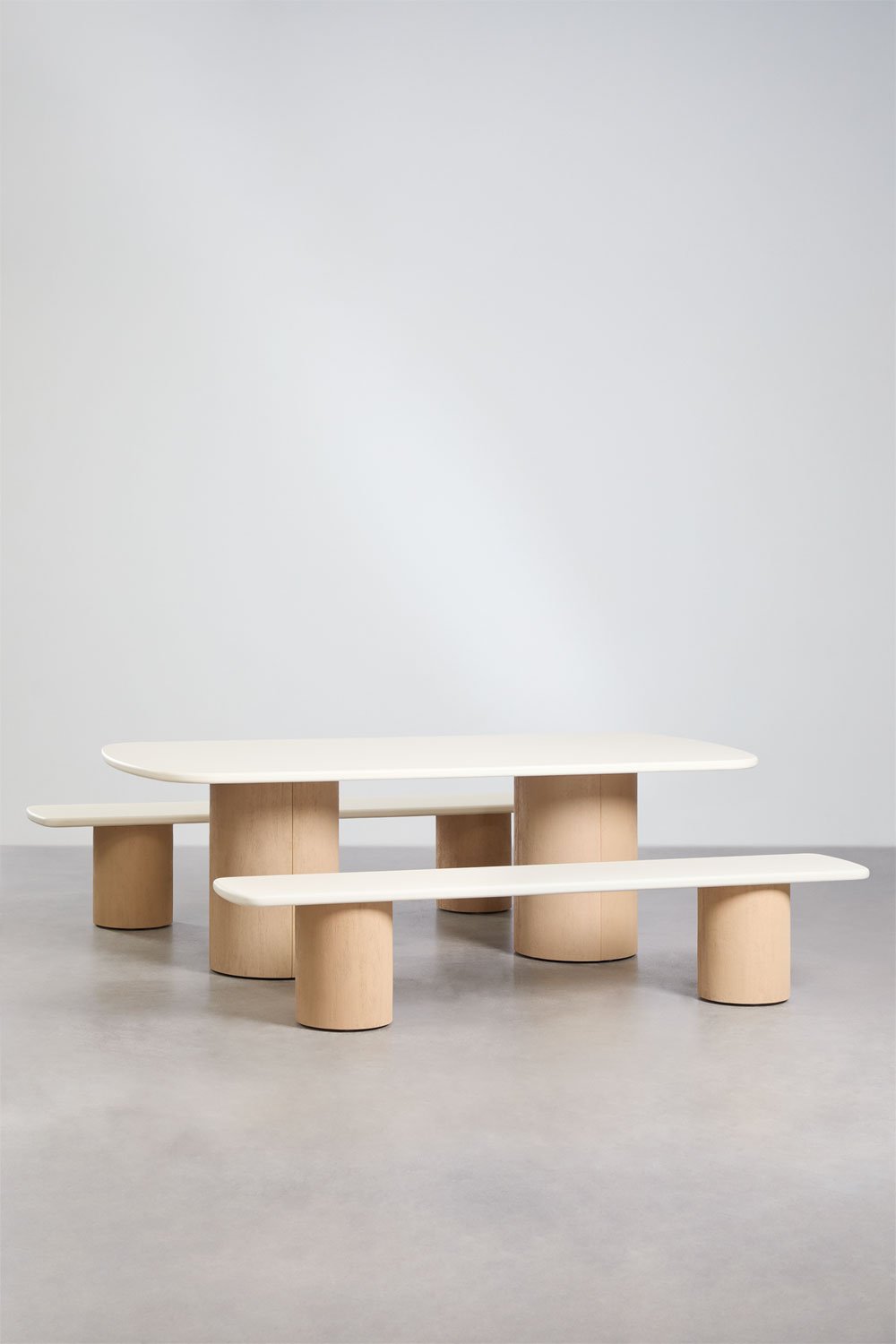 Conjunto de mesa retangular 230x110 cm e 2 bancos de jantar em cimento e madeira de acácia Sharpay, imagem de galeria 1