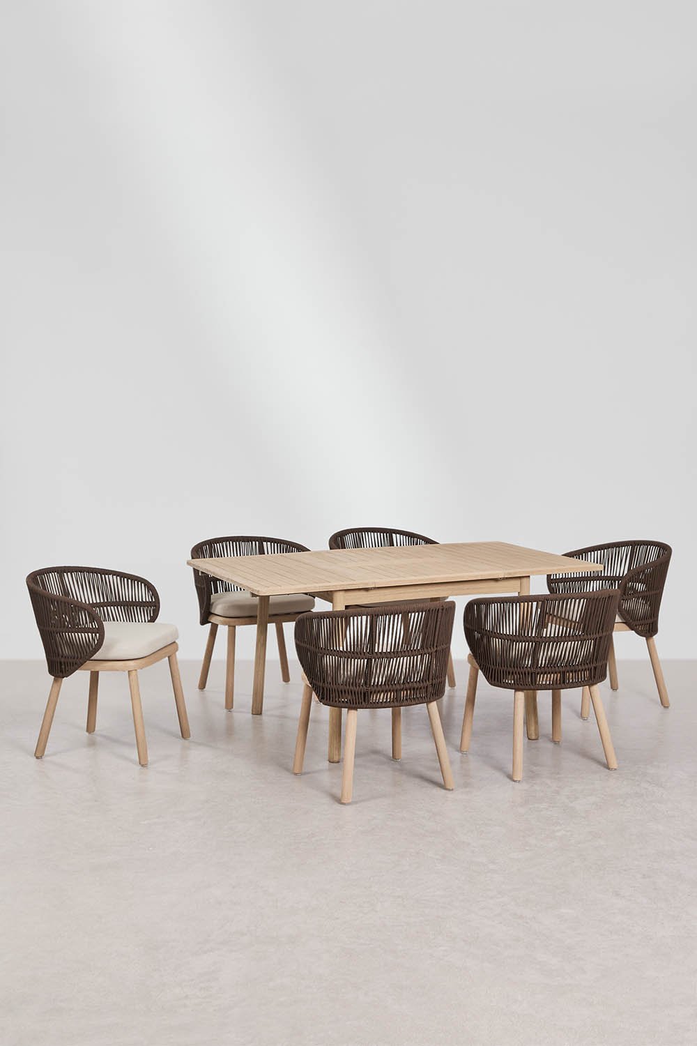 Conjunto de mesa extensível Karvia 100-160x100 cm e 6 cadeiras de jardim em madeira de acácia e corda trançada Capri, imagem de galeria 3