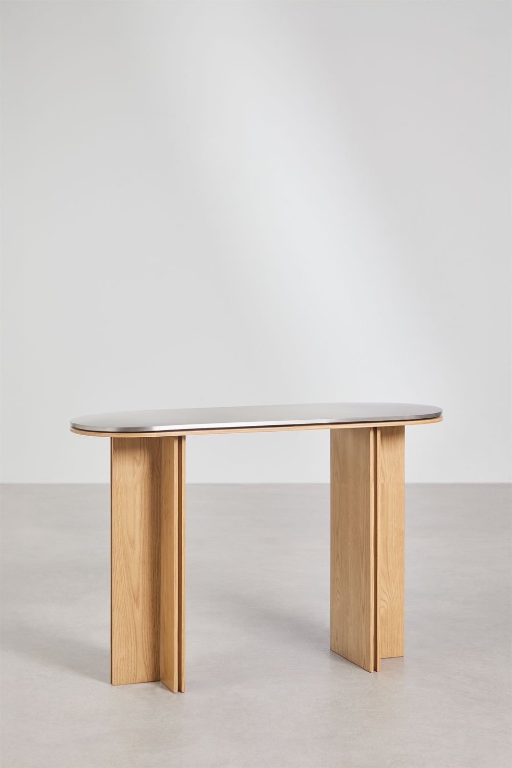 Consola de entrada oval 120x40 cm em chapa de carvalho e aço inoxidável Lindina, imagem de galeria 3