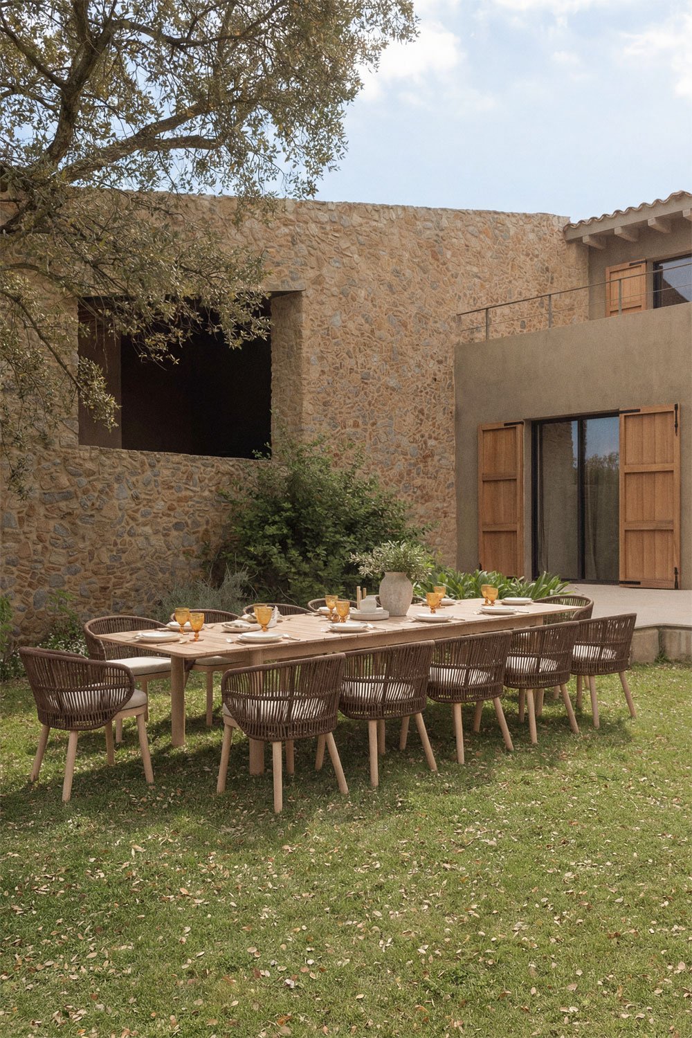 Conjunto de mesa retangular extensível Duala 250-310x105 cm e 12 cadeiras de jardim em madeira de acácia e corda trançada Capri, imagem de galeria 1