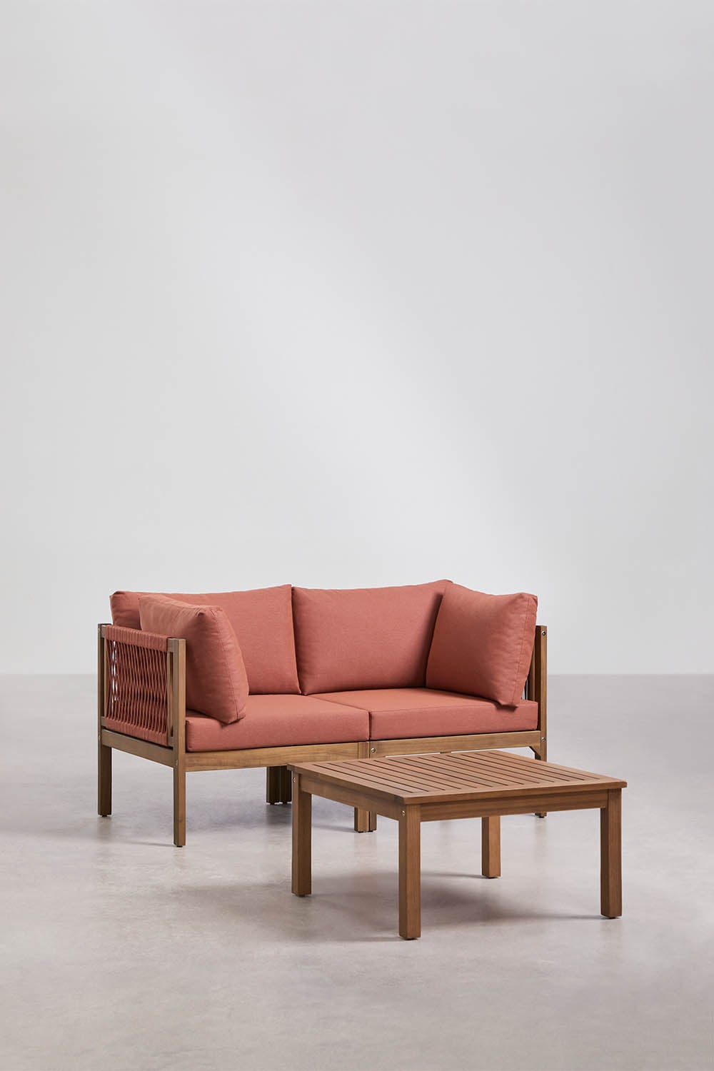 Conjunto de jardim com sofá modular de 2 peças com apoios de braços e mesa de centro em madeira de acácia Branson, imagem de galeria 1