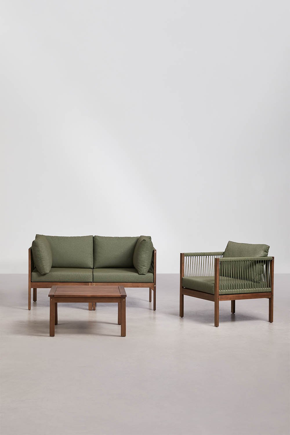 Conjunto de jardim com sofá modular de 2 peças com apoios de braço, poltrona e mesa de centro em madeira de acácia Branson, imagem de galeria 1