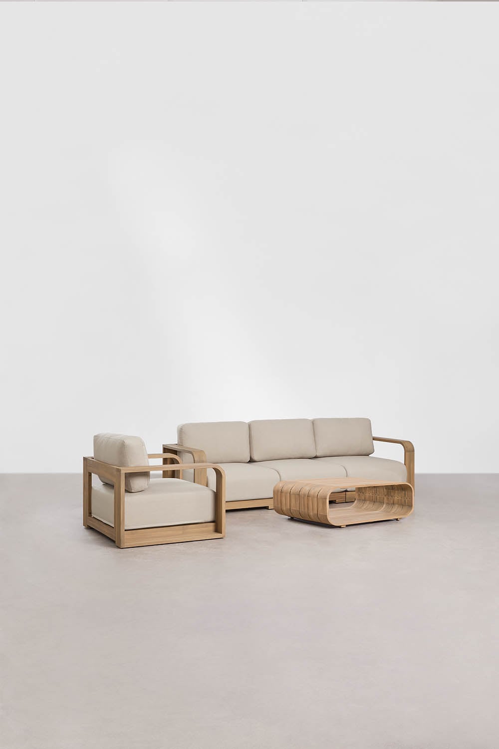 Conjunto de jardim com sofá modular de 3 peças com apoios de braços, poltrona e mesa de centro em madeira de acácia Brivori, imagem de galeria 1