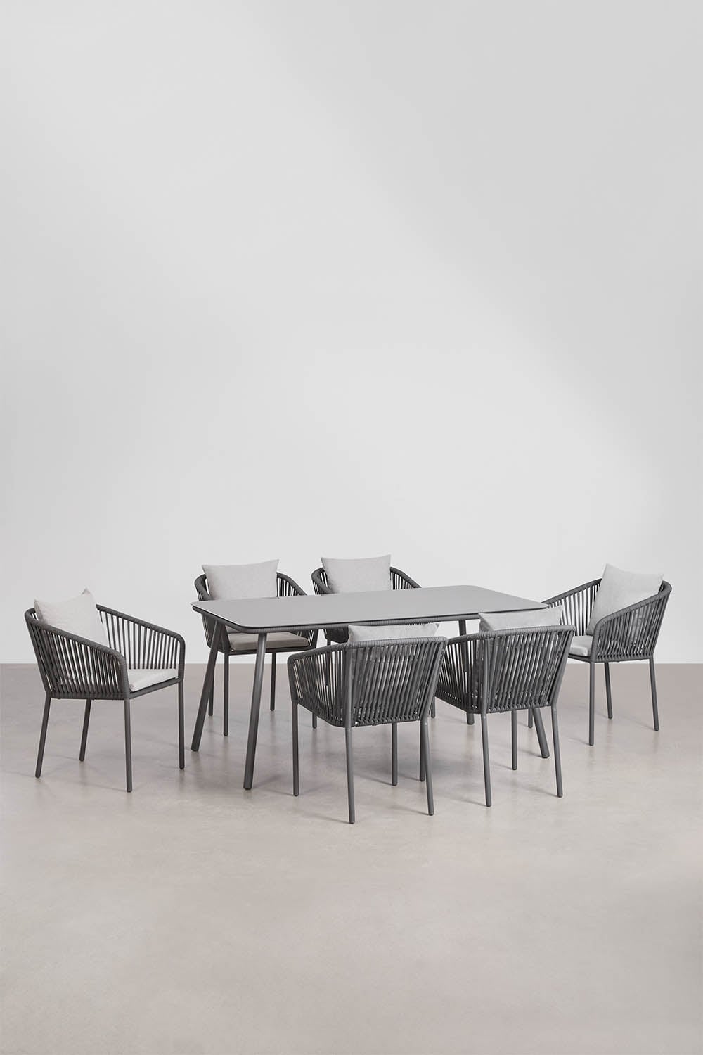 Conjunto de mesa retangular 160x90 cm e 6 cadeiras de jantar em corda trançada Arhiza Classic, imagem de galeria 1