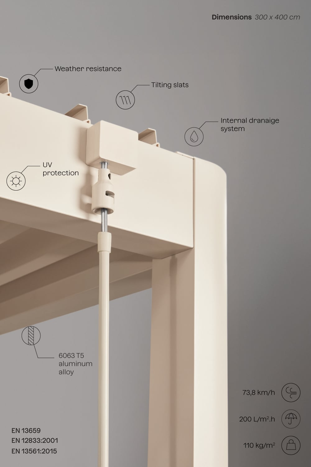 Pérgola bioclimática de alumínio com lâminas e painéis Druvia, imagem de galeria 3