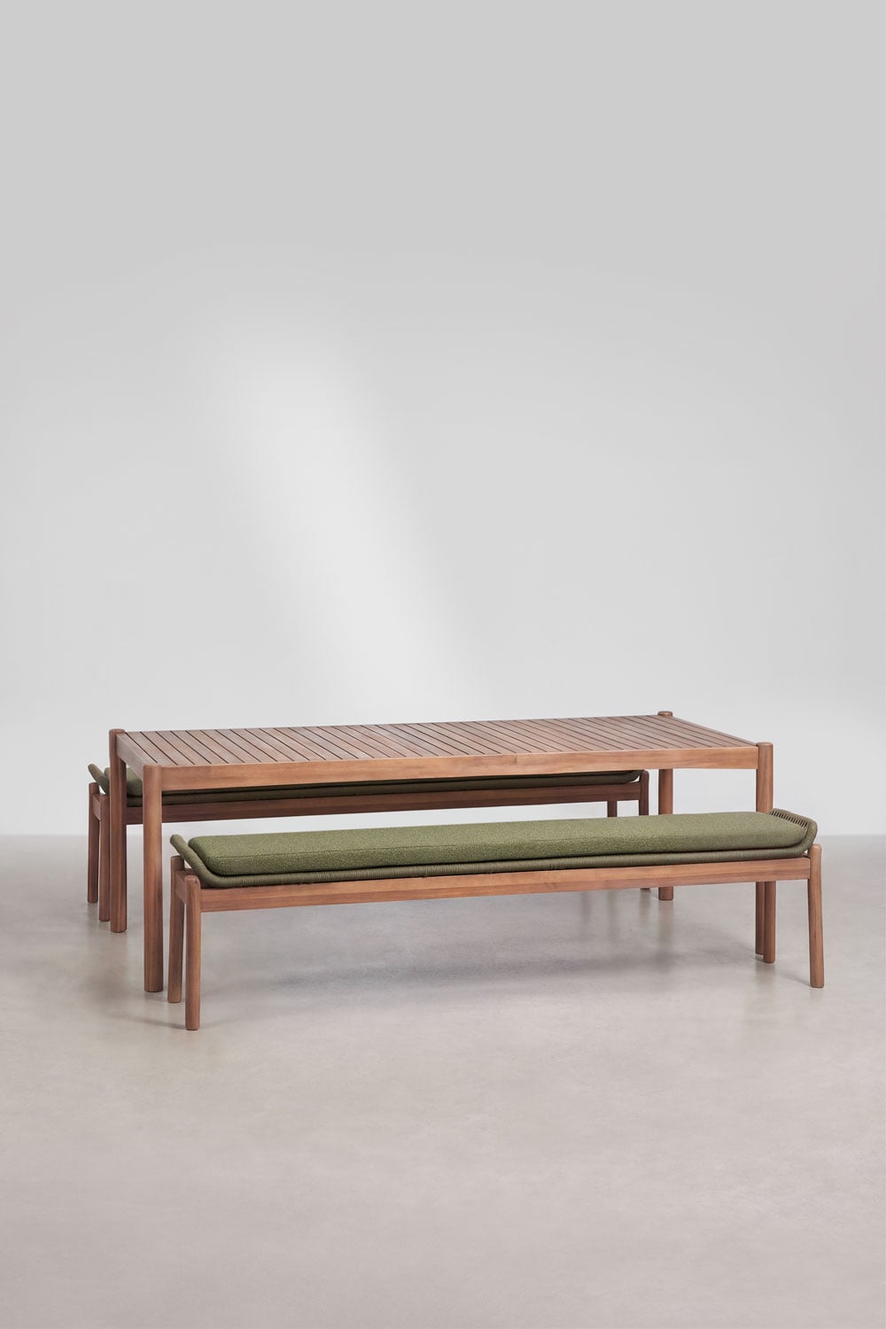 Conjunto de mesa retangular 180x90 cm e 2 bancos de jantar em madeira de acácia e corda trançada Karvia, imagem de galeria 1