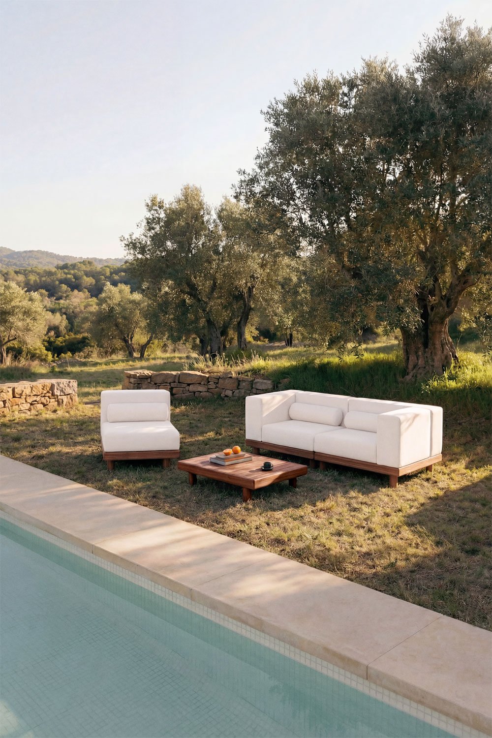 Conjunto de jardim com sofá modular de 2 peças com 2 módulos de canto, poltrona e mesa de centro em acácia Edrien, imagem de galeria 1