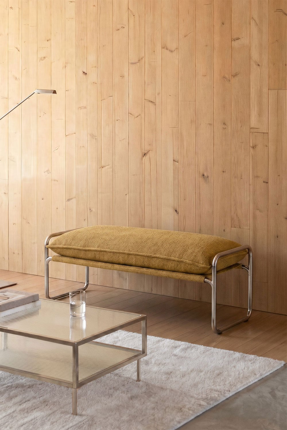 Banco 110 cm estofado em bouclé amarelo mel Matilda, imagem de galeria 1