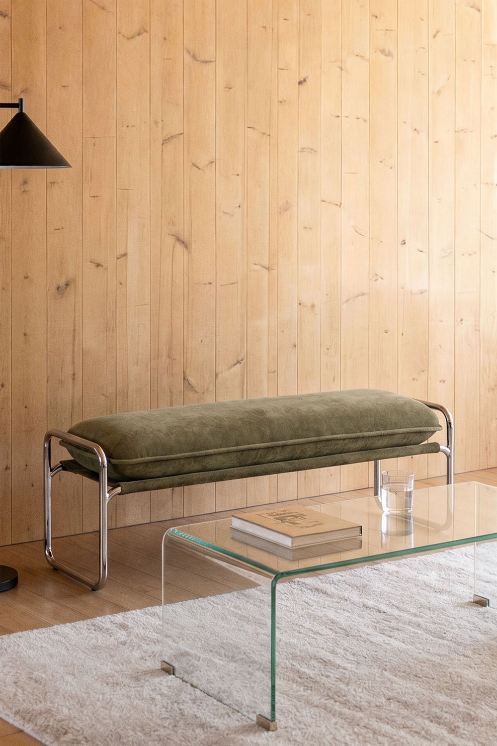 Banco 110 cm estofado em chenilha verde tropa Matilda, imagem de galeria 1