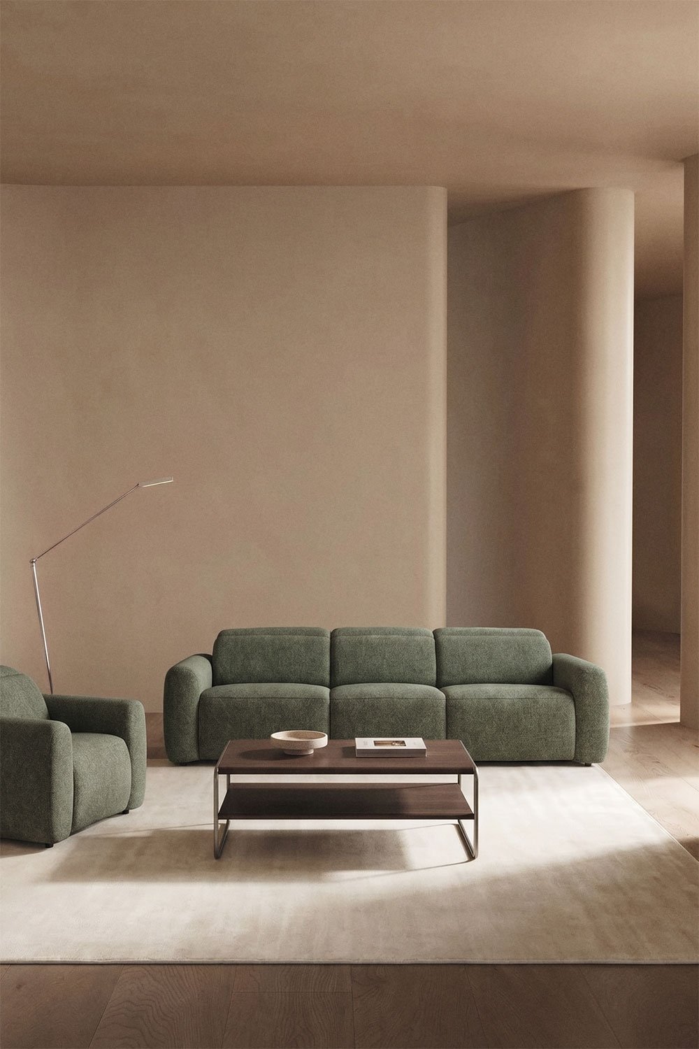 Conjunto de sala com sofá reclinável e elétrico de 3 lugares e poltrona estofada Peggy, imagem de galeria 1